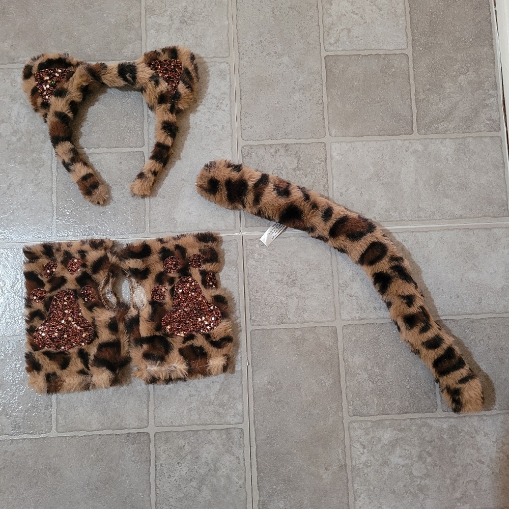 Leopard head band, tail and fingerless gloves